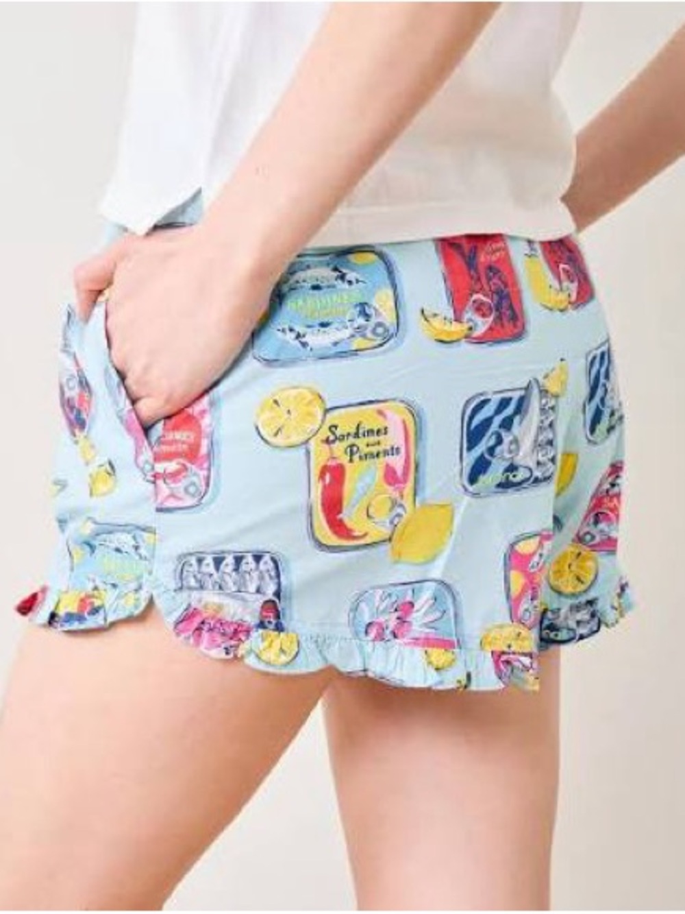 Printfresh Retro Sardines Print Ruffle Hem Pajama Shorts